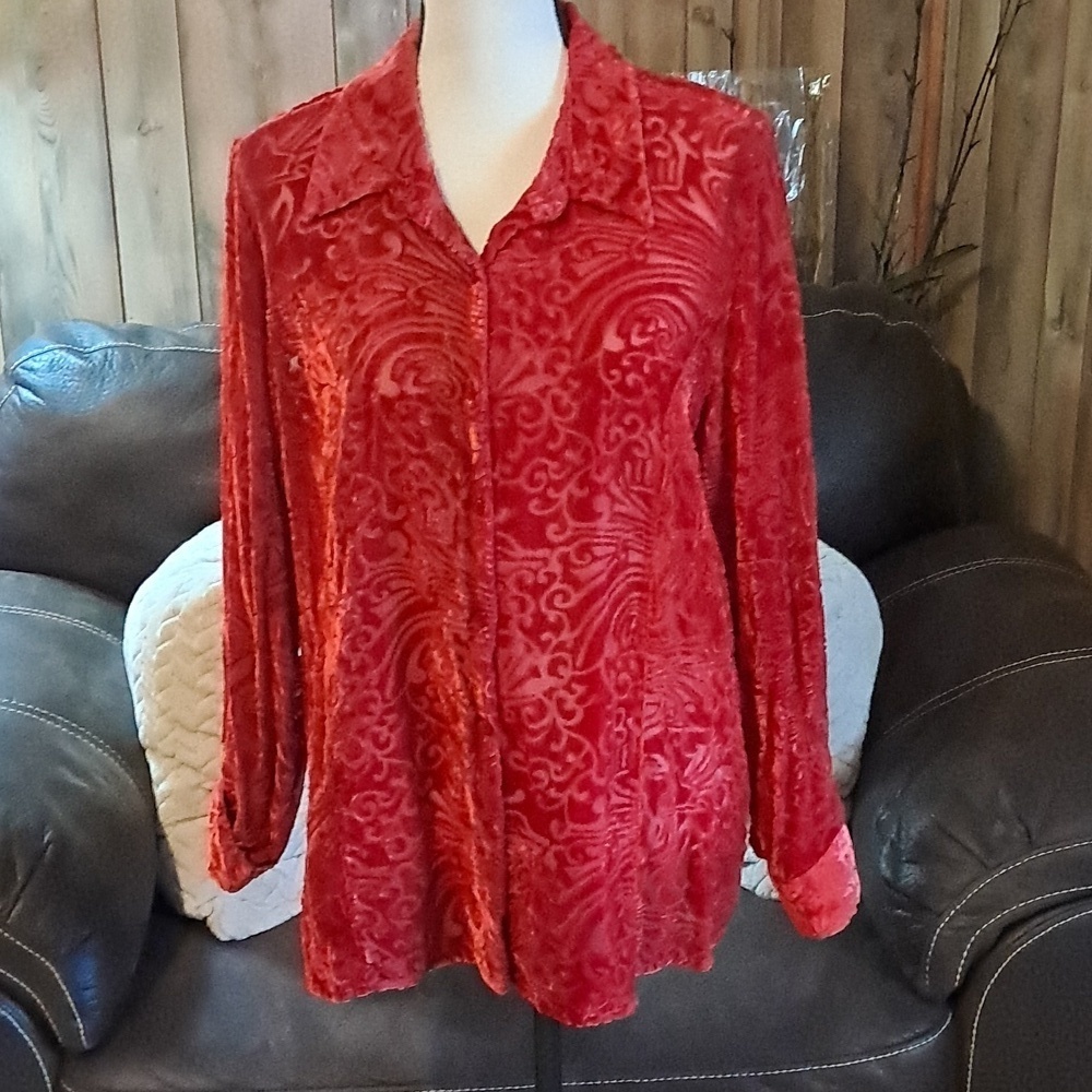 Women Red Floral Burn-Out Velvet Button Down Blouse Size L Boho Y2K